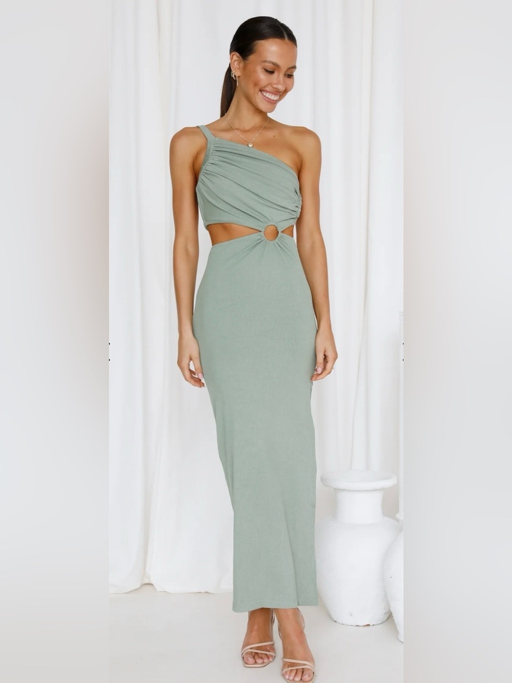 Hello Molly Sage Green One-Shoulder Cutout Maxi Dress with Ring Detail